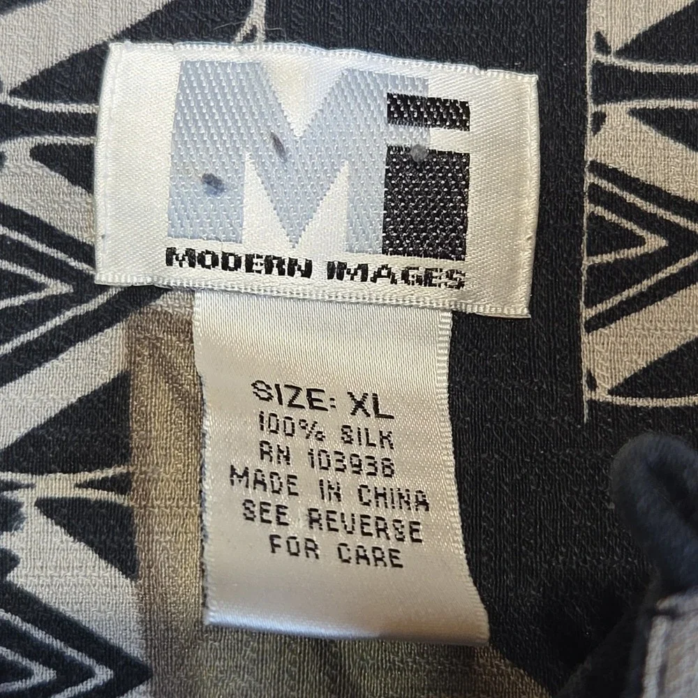 Modern Images XL 100% Silk Hawaiian Camp Shirt Black Beige Tropical Leaf Aloha